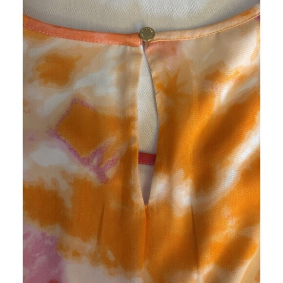 CALVIN KLEIN Tie Dye Chiffon Maxi Dress Women Large Orange Pink Tie Waist Ruffle - Picture 6 of 13
